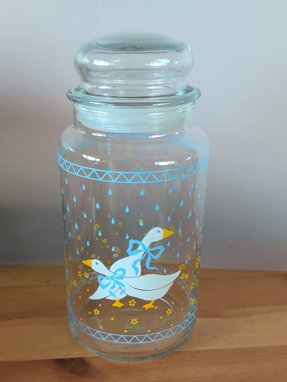 Vintage, Anchor Hocking Glass Canister with Blue & Yellow Geese Motif.
